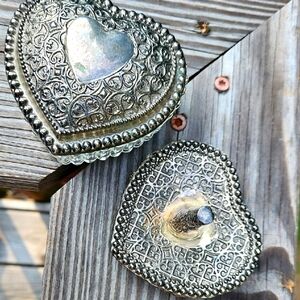 2 Pc Vintage Silver Heart-Shaped Jewelry Organizer Set Ring Holder Trinket Box